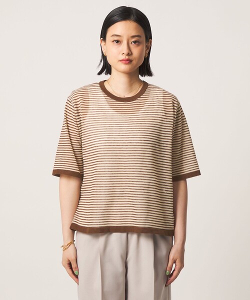 A DAY IN THE LIFE UNITED ARROWS(アデイインザライフユナイテッドアローズ)の「シアー マルチボーダー ショートスリーブニット ‐ウォッシャブル‐<A DAY IN THE LIFE>(ニット/セーター・レディース・ブラウン系/ライトグレー・FREE)」の5枚目の写真