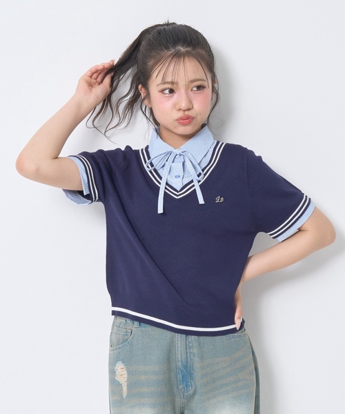 洗える】リボンタイつきフェイクレイヤード半袖シャツ（シャツ