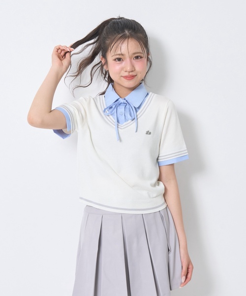 洗える】リボンタイつきフェイクレイヤード半袖シャツ（シャツ