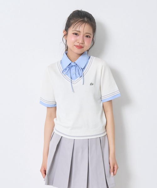 洗える】リボンタイつきフェイクレイヤード半袖シャツ（シャツ