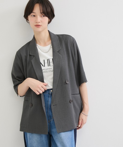 le cercle ADAM ET ROPE'(ルセルクルアダムエロペ)の「リネンライク半袖ジャケット(テーラードジャケット・レディース・ベージュ/ブラック/チャコールグレー・FREE)」の14枚目の写真