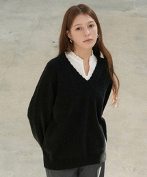 [Cotton 100%] Loose-Fit Raglan V-Neck Knit (black)