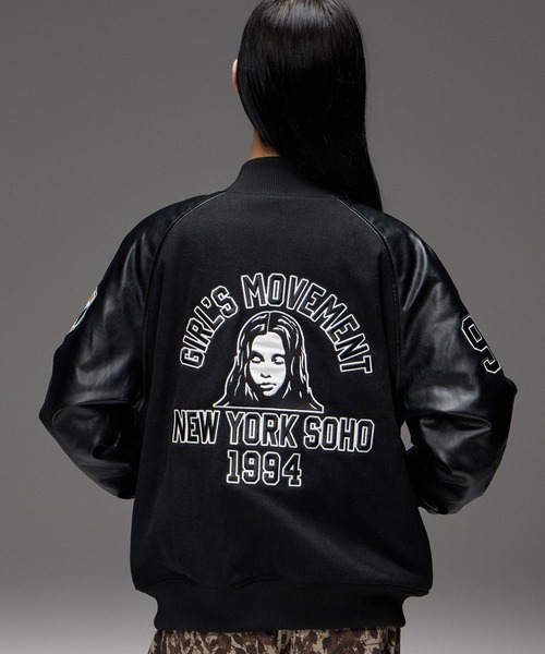 X-girl(エックスガール)の「FACE PATCH STADIUM JACKET(スタジャン・レディース・ブラック/バーガンディー・M/S)」の1枚目の写真