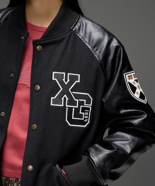 X-girl(エックスガール)の「FACE PATCH STADIUM JACKET(スタジャン・レディース・ブラック/バーガンディー・M/S)」の6枚目の写真