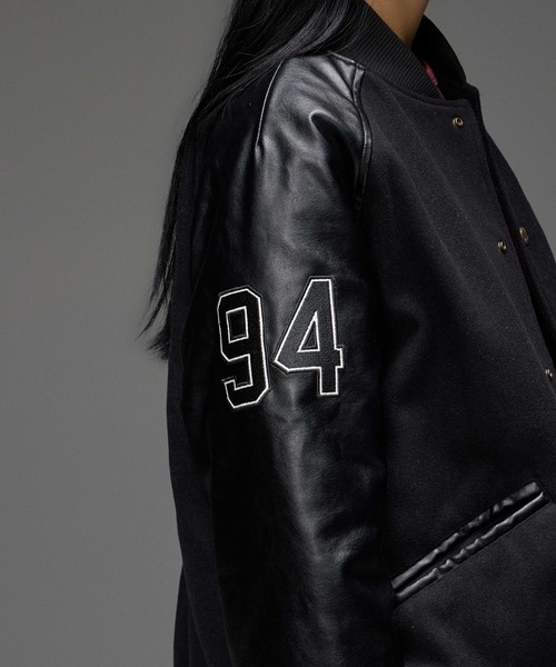 X-girl(エックスガール)の「FACE PATCH STADIUM JACKET(スタジャン・レディース・ブラック/バーガンディー・M/S)」の7枚目の写真