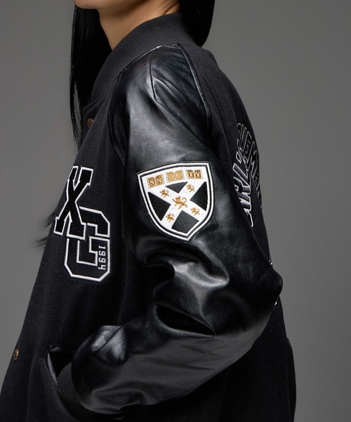 X-girl(エックスガール)の「FACE PATCH STADIUM JACKET(スタジャン・レディース・ブラック/バーガンディー・M/S)」の8枚目の写真