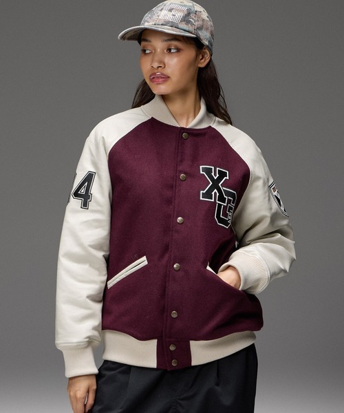 X-girl(エックスガール)の「FACE PATCH STADIUM JACKET(スタジャン・レディース・ブラック/バーガンディー・M/S)」の9枚目の写真