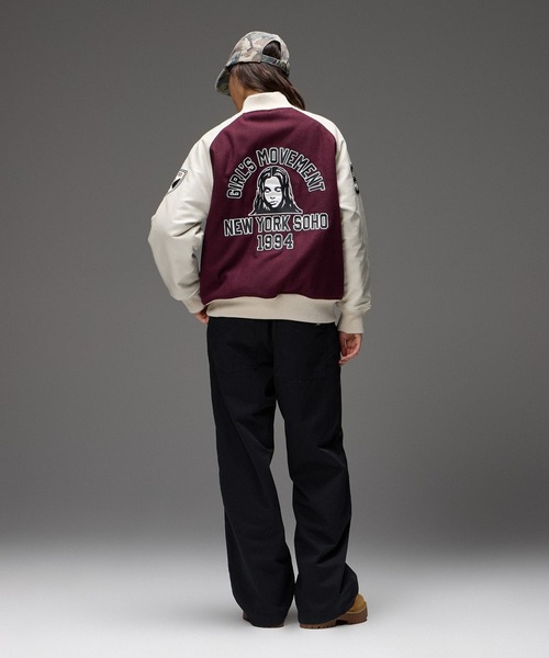 X-girl(エックスガール)の「FACE PATCH STADIUM JACKET(スタジャン・レディース・ブラック/バーガンディー・M/S)」の10枚目の写真