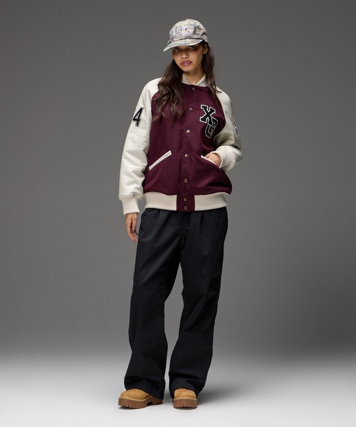 X-girl(エックスガール)の「FACE PATCH STADIUM JACKET(スタジャン・レディース・ブラック/バーガンディー・M/S)」の11枚目の写真