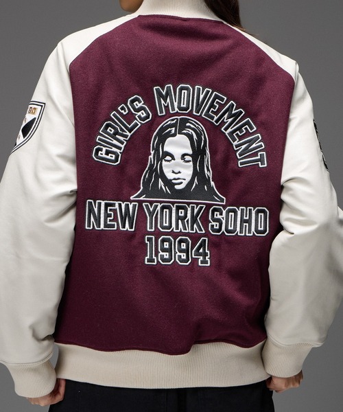 X-girl(エックスガール)の「FACE PATCH STADIUM JACKET(スタジャン・レディース・ブラック/バーガンディー・M/S)」の12枚目の写真