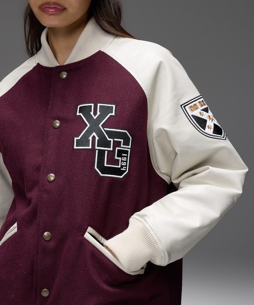 X-girl(エックスガール)の「FACE PATCH STADIUM JACKET(スタジャン・レディース・ブラック/バーガンディー・M/S)」の13枚目の写真