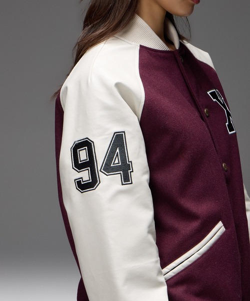 X-girl(エックスガール)の「FACE PATCH STADIUM JACKET(スタジャン・レディース・ブラック/バーガンディー・M/S)」の15枚目の写真