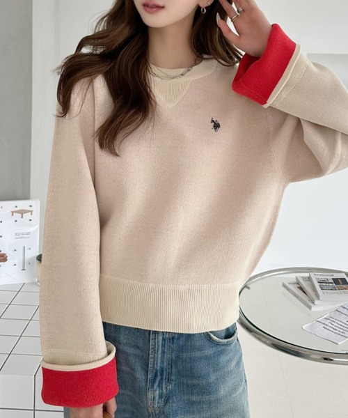 U.S. POLO ASSN.(ユーエスポロアッスン)の「【Ada.別注 U.S. POLO ASSN.】 ガゼットデザイン 袖口 バイカラー スウェットライク ニット(ニット/セーター・レディース・チャコール/アイボリー/ブラウン・M/L)」の11枚目の写真