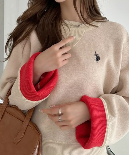 U.S. POLO ASSN.(ユーエスポロアッスン)の「【Ada.別注 U.S. POLO ASSN.】 ガゼットデザイン 袖口 バイカラー スウェットライク ニット(ニット/セーター・レディース・チャコール/アイボリー/ブラウン・M/L)」の12枚目の写真