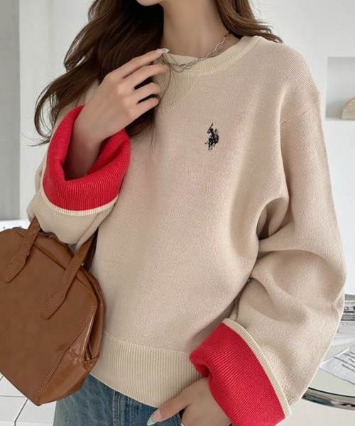 U.S. POLO ASSN.(ユーエスポロアッスン)の「【Ada.別注 U.S. POLO ASSN.】 ガゼットデザイン 袖口 バイカラー スウェットライク ニット(ニット/セーター・レディース・チャコール/アイボリー/ブラウン・M/L)」の13枚目の写真