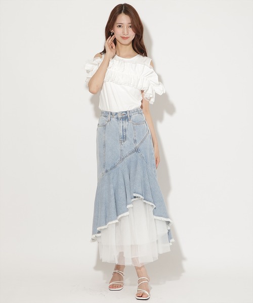 AND COUTURE(アンドクチュール)の「チュールレイヤードデニムスカート(デニムスカート・レディース・ブラック/ブルー・SMALL/MEDIUM)」の7枚目の写真