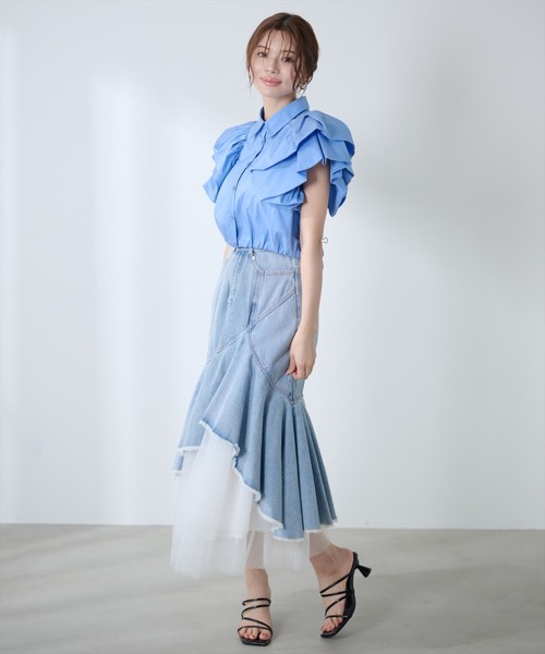 AND COUTURE(アンドクチュール)の「チュールレイヤードデニムスカート(デニムスカート・レディース・ブラック/ブルー・SMALL/MEDIUM)」の5枚目の写真