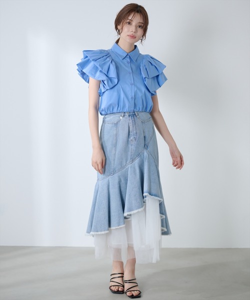 AND COUTURE(アンドクチュール)の「チュールレイヤードデニムスカート(デニムスカート・レディース・ブラック/ブルー・SMALL/MEDIUM)」の6枚目の写真
