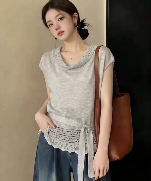 Girly Doll（ガーリードール）の「レース編みフレンチスリーブベルト付きニット（タンクトップ・レディース・ベージュ/グレー/ブラック/モカ・FREE）」の5枚目の写真