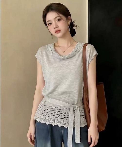 Girly Doll（ガーリードール）の「レース編みフレンチスリーブベルト付きニット（タンクトップ・レディース・ベージュ/グレー/ブラック/モカ・FREE）」の6枚目の写真
