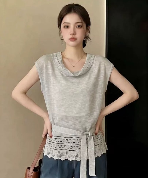 Girly Doll（ガーリードール）の「レース編みフレンチスリーブベルト付きニット（タンクトップ・レディース・ベージュ/グレー/ブラック/モカ・FREE）」の7枚目の写真