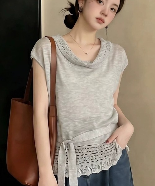 Girly Doll（ガーリードール）の「レース編みフレンチスリーブベルト付きニット（タンクトップ・レディース・ベージュ/グレー/ブラック/モカ・FREE）」の8枚目の写真