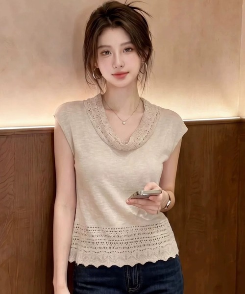 Girly Doll（ガーリードール）の「レース編みフレンチスリーブベルト付きニット（タンクトップ・レディース・ベージュ/グレー/ブラック/モカ・FREE）」の11枚目の写真