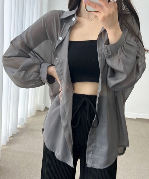 FLINEA(フリネア)の「シアー長袖シャツ(シャツ/ブラウス・レディース・パープル/ブルー/オレンジ/ブラック/チャコールグレー/ベージュ/ホワイト・FREE)」の8枚目の写真