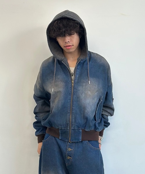MandO（エムオー）（エムオー）の「【ユニセックス】泥加工配色リブデニムMA-1/デニムジャケット/セットアップ着用可能（デニムジャケット・メンズ・ブラック/インディゴブルー/ライトブルー・LARGE/MEDIUM）」の8枚目の写真