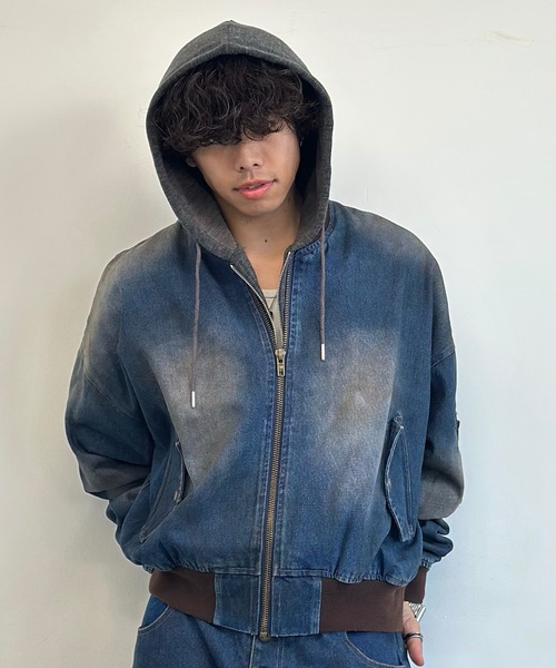 MandO（エムオー）（エムオー）の「【ユニセックス】泥加工配色リブデニムMA-1/デニムジャケット/セットアップ着用可能（デニムジャケット・メンズ・ブラック/インディゴブルー/ライトブルー・LARGE/MEDIUM）」の10枚目の写真