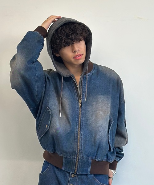 MandO（エムオー）（エムオー）の「【ユニセックス】泥加工配色リブデニムMA-1/デニムジャケット/セットアップ着用可能（デニムジャケット・メンズ・ブラック/インディゴブルー/ライトブルー・LARGE/MEDIUM）」の11枚目の写真