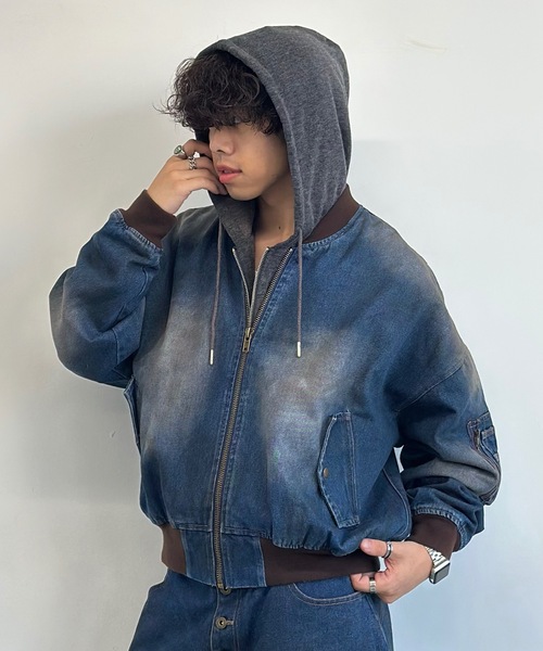 MandO（エムオー）（エムオー）の「【ユニセックス】泥加工配色リブデニムMA-1/デニムジャケット/セットアップ着用可能（デニムジャケット・メンズ・ブラック/インディゴブルー/ライトブルー・LARGE/MEDIUM）」の12枚目の写真