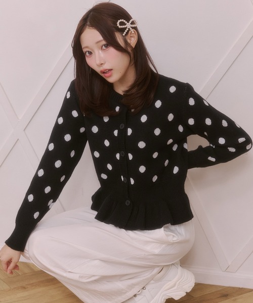 Rmine(アールマイン)の「配色ドットペプラムニットカーディガン(ニット/セーター・レディース・グレー/ピンク/ブラック/ホワイト・FREE)」の3枚目の写真