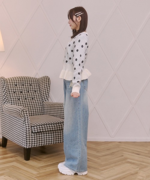 Rmine(アールマイン)の「配色ドットペプラムニットカーディガン(ニット/セーター・レディース・グレー/ピンク/ブラック/ホワイト・FREE)」の9枚目の写真