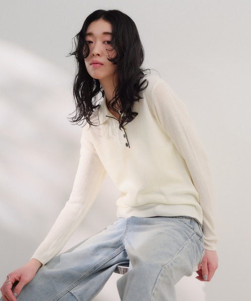Shelly island（シェリーアイランド）の「ポロデザインバイカラーリブニット（ニット/セーター・レディース・ホワイト/ブラック/グレー・FREE）」の10枚目の写真