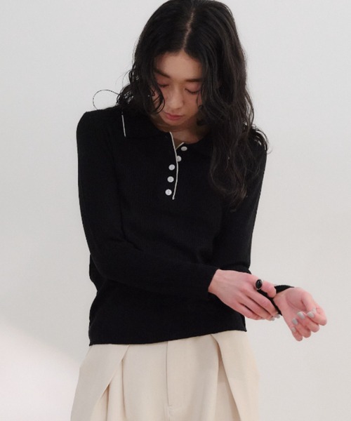 Shelly island（シェリーアイランド）の「ポロデザインバイカラーリブニット（ニット/セーター・レディース・ホワイト/ブラック/グレー・FREE）」の4枚目の写真