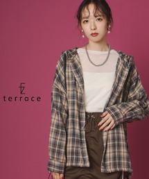 フード&ドローコード付きチェック柄ネルシャツブルゾン