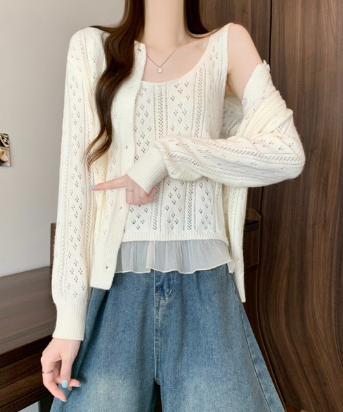 AMAJI(アマジ)の「レース切替 ニットカーディガン キャミソール(カーディガン/ボレロ・レディース・ベージュ/イエロー・FREE)」の3枚目の写真
