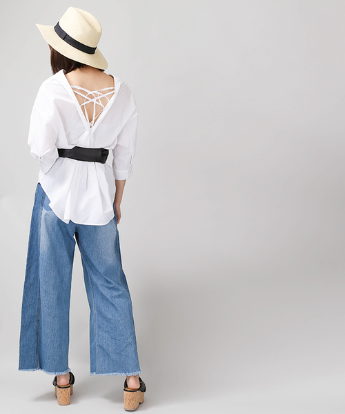 WEGO（ウィゴー）の「WEGO/5分袖刺繍スキッパーシャツ（シャツ/ブラウス・レディース・オフホワイト/インディゴブルー・FREE）」の4枚目の写真