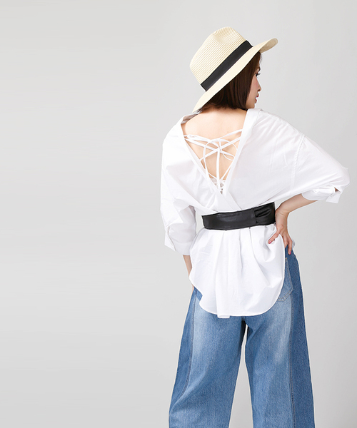 WEGO（ウィゴー）の「WEGO/5分袖刺繍スキッパーシャツ（シャツ/ブラウス・レディース・オフホワイト/インディゴブルー・FREE）」の6枚目の写真