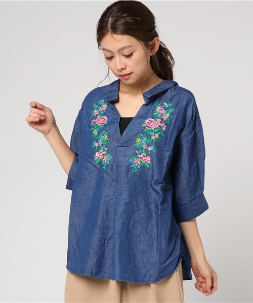 WEGO（ウィゴー）の「WEGO/5分袖刺繍スキッパーシャツ（シャツ/ブラウス・レディース・オフホワイト/インディゴブルー・FREE）」の18枚目の写真