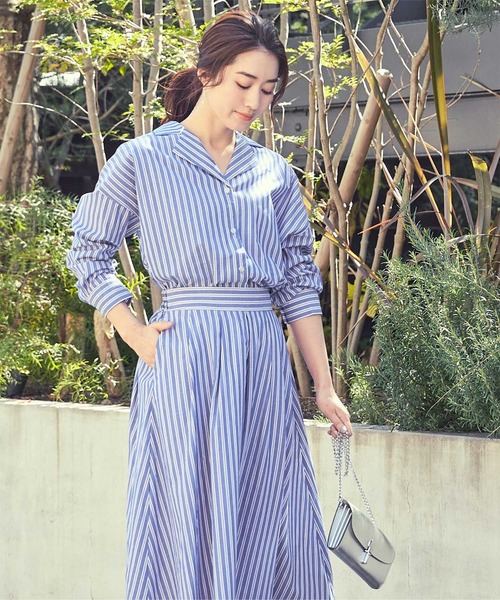 【 ３☆８ 様】23区 ストライプヨーロッパ製高級生地 スカートセットアップ ストライプシャツ×スカートセットアップ（アンサンブル）｜ur's
