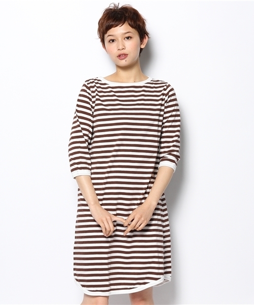 BEAMS BOY(ビームスボーイ)の「BEAMS BOY / 1cmボーダー 7分袖ワンピース 0893CL(ワンピース・レディース・ブラウン/イエロー/グリーン・ONE SIZE)」の2枚目の写真