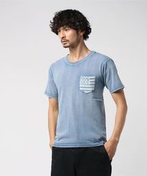 インディゴUSA星条旗プリントポケット付きクルーネック半袖Tシャツ