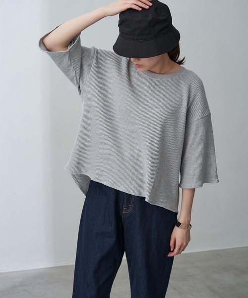 Chaco closet（チャコ クローゼット）の「ビッグシルエット ワッフル ハーフスリーブプルオーバー（Tシャツ/カットソー・レディース・ブラック/ベージュ/ネイビー/オフホワイト/オリーブ/杢グレー/バイオレット・FREE）」の3枚目の写真