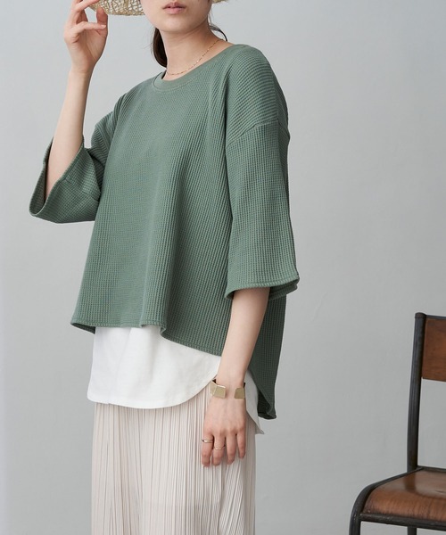 Chaco closet（チャコ クローゼット）の「ビッグシルエット ワッフル ハーフスリーブプルオーバー（Tシャツ/カットソー・レディース・ブラック/ベージュ/ネイビー/オフホワイト/オリーブ/杢グレー/バイオレット・FREE）」の5枚目の写真