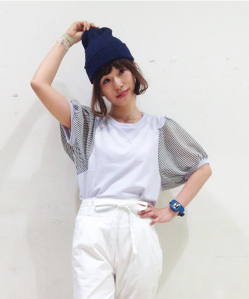 one after another NICE CLAUP(ワンアフターアナザーナイスクラップ)の「【ナイスクラップ】袖ストライププルオーバー(Tシャツ/カットソー・レディース・オフホワイト/パープル/ネイビー・FREE)」の3枚目の写真