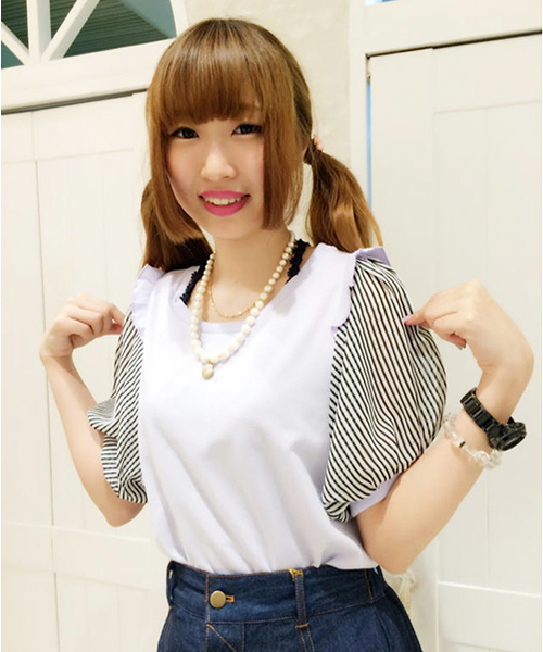 one after another NICE CLAUP(ワンアフターアナザーナイスクラップ)の「【ナイスクラップ】袖ストライププルオーバー(Tシャツ/カットソー・レディース・オフホワイト/パープル/ネイビー・FREE)」の11枚目の写真