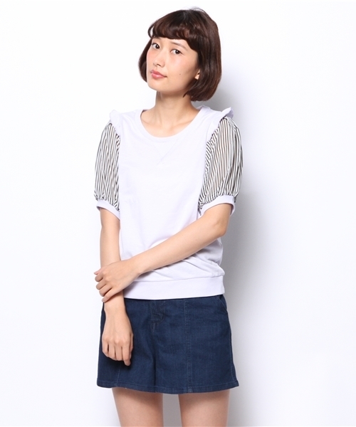 one after another NICE CLAUP(ワンアフターアナザーナイスクラップ)の「【ナイスクラップ】袖ストライププルオーバー(Tシャツ/カットソー・レディース・オフホワイト/パープル/ネイビー・FREE)」の10枚目の写真