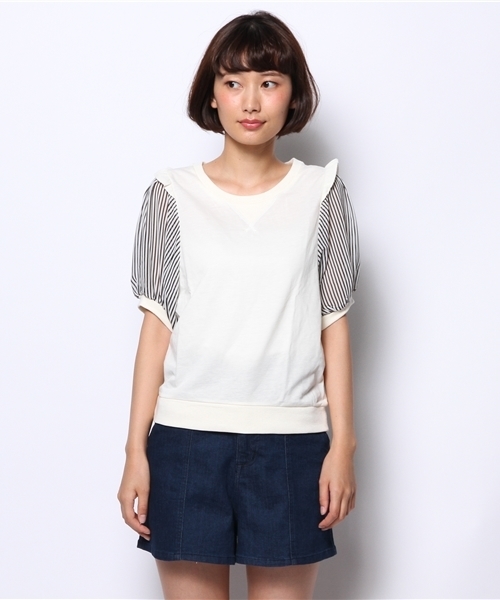 one after another NICE CLAUP(ワンアフターアナザーナイスクラップ)の「【ナイスクラップ】袖ストライププルオーバー(Tシャツ/カットソー・レディース・オフホワイト/パープル/ネイビー・FREE)」の6枚目の写真